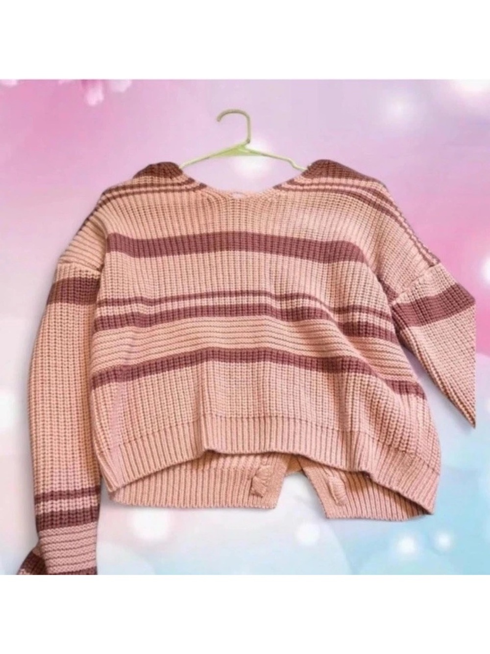 Derek Heart Pink Striped V-Neck Cropped Knit Sweater
